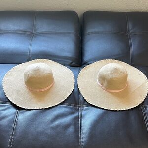 Stylish Tan Sun Hats with Pink Ribbon Twin lot